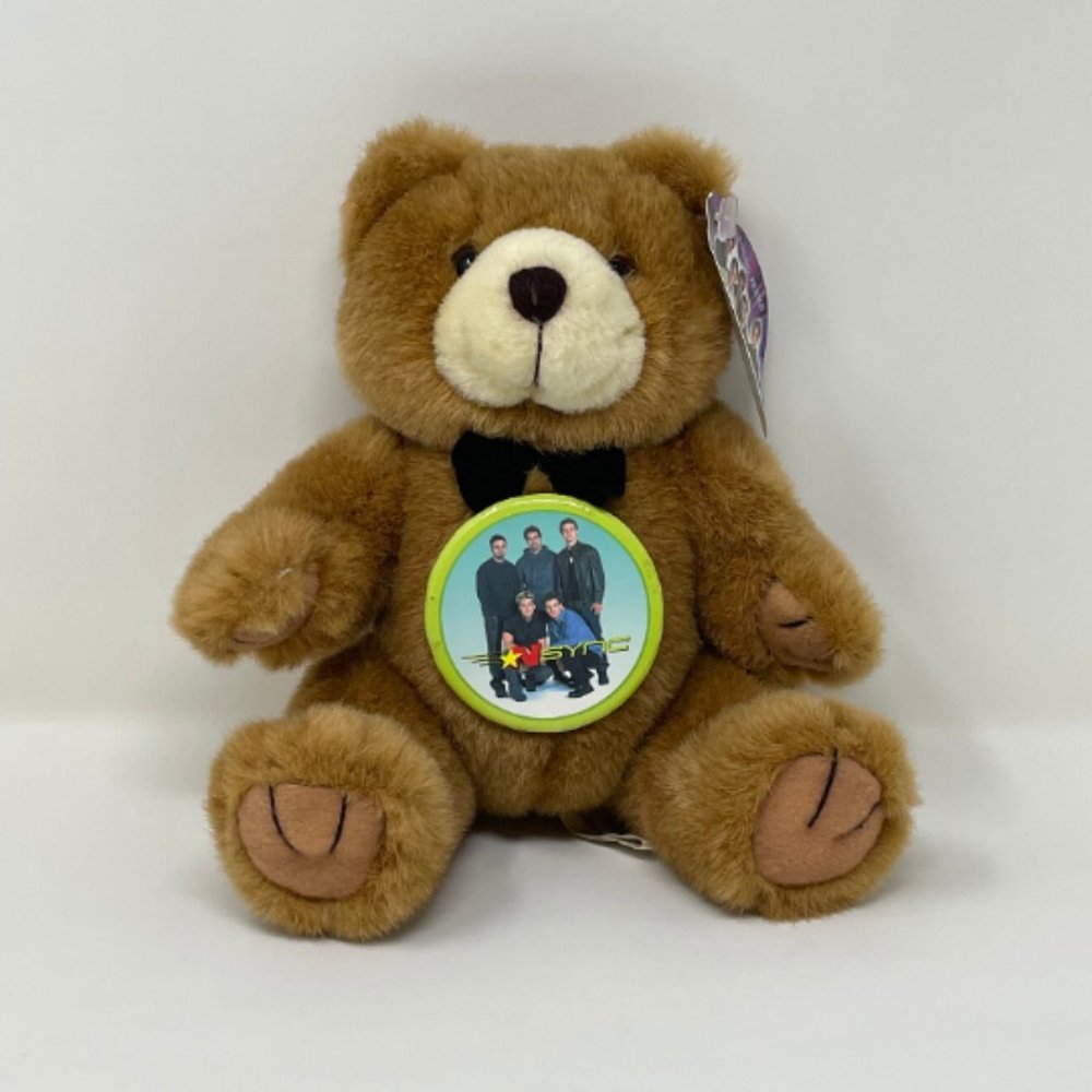 Vintage Y2K Stuffed Animal Plush NSYNC Bear Pin/Button 2000 Official Colllectabl